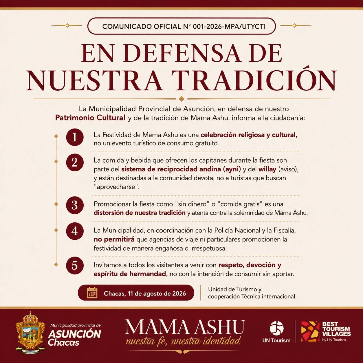 CHACAS CUESTIONA EL TURISMO SIN RESPETO Y PIDE PRESERVAR EL SENTIDO DE MAMA ASHU