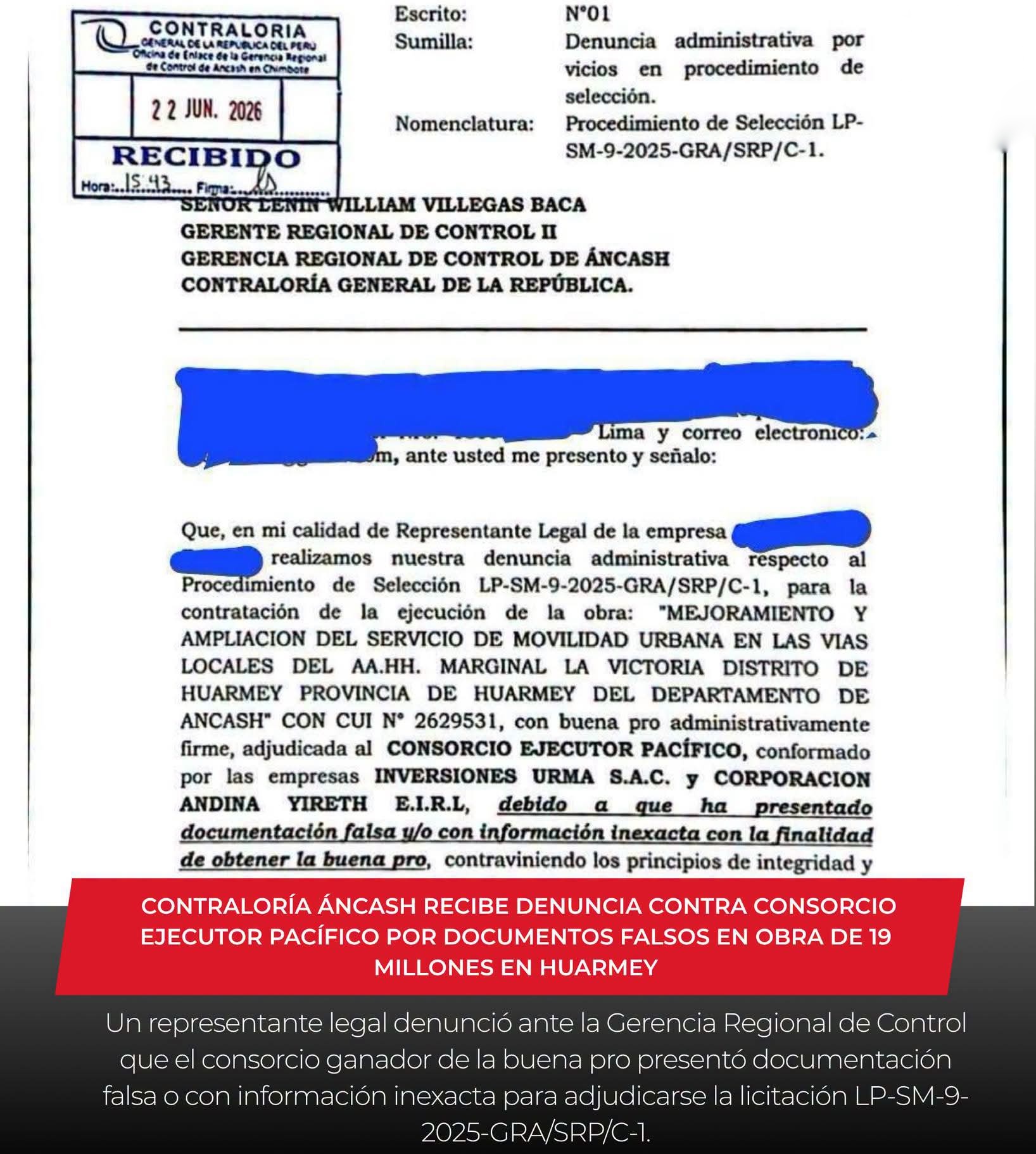 HUARMEY: OBRA DE 19 MILLONES DE SOLES BAJO SOSPECHA POR PRESUNTA FALSIFICACIÓN DE DOCUMENTOS EN PROCESO DE LICITACIÓN